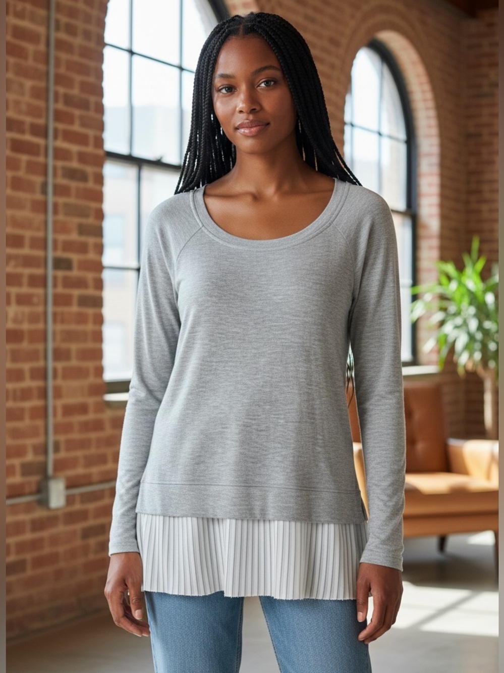 Rebecca Taylor Gray Modal Top with White Pleated Hem